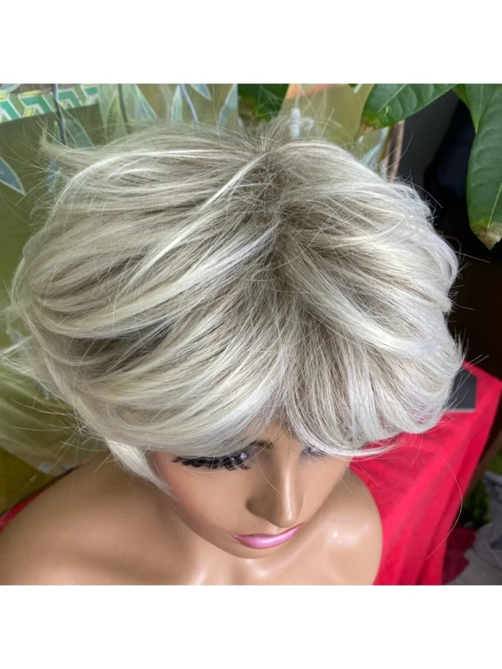 ash platinum blonde rooted shaggy pixie bob wig